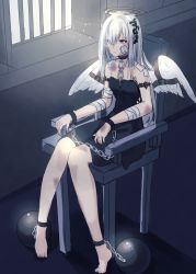 Rule 34 | 1girl, angel, angel wings, ball and chain restraint, bandages, barefoot, barred window, blue eyes, broken halo, bruise, bruise on face, chain, chair, collar, cuffs, halo, handcuffs, highres, injury, original, punya, restrained, sitting, white hair, white wings, wings