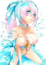 Rule 34 | 1girl, between breasts, bikini, bikini pull, blue eyes, blue hair, blush, breasts, bubble, clothes pull, collar, collarbone, earrings, food, gradient hair, ice cream, ice cream cone, jewelry, large breasts, lips, long hair, looking at viewer, matching hair/eyes, mila (yuta27315), multicolored hair, nipples, original, pink hair, ponytail, sitting, solo, swimsuit, thigh strap, wariza