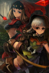 Rule 34 | 2girls, belt, blonde hair, blue eyes, boots, bow (weapon), braid, breasts, brown eyes, chain, cloak, creator connection, crossover, dragon&#039;s crown, elf, elf (dragon&#039;s crown), forest, gloves, highres, hood, long hair, midriff, multiple girls, nature, odin sphere, outdoors, pointy ears, puffy sleeves, short sleeves, shorts, silver hair, sleeveless, star (symbol), thigh boots, thighhighs, toro3, twin braids, velvet (odin sphere), weapon