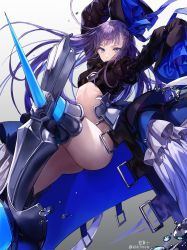 Rule 34 | 1girl, armor, armored boots, arms up, ass, blue eyes, blue ribbon, blush, boots, breasts, crotch plate, fate/grand order, fate (series), floating hair, glint, hair ribbon, highres, kim eb, knee up, long hair, long sleeves, looking at viewer, meltryllis (fate), purple hair, revealing clothes, ribbon, sleeves past wrists, small breasts, smile, solo, stomach, thighhighs, very long hair