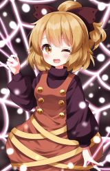 Rule 34 | 1girl, black shirt, blonde hair, blush, bow, brown bow, brown dress, commentary request, dress, hair bow, highres, kurodani yamame, long sleeves, looking at viewer, one eye closed, open mouth, pinafore dress, ponytail, puffy long sleeves, puffy sleeves, ruu (tksymkw), shirt, short hair, silk, sleeveless, sleeveless dress, smile, solo, spider web, touhou, yellow eyes