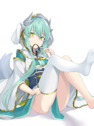 Rule 34 | 100, 100percent park, 1girl, absurdres, aqua hair, ass, barefoot, blush, breasts, commentary request, dragon girl, dragon horns, eyes visible through hair, fate/grand order, fate (series), green eyes, hair between eyes, hair tie in mouth, highres, hood, horns, japanese clothes, kimono, kiyohime (fate), knees up, leg up, long hair, long sleeves, looking at viewer, mouth hold, no shoes, obi, panties, pelvic curtain, revision, sash, shadow, sidelocks, simple background, single thighhigh, sitting, small breasts, solo, sweatdrop, thighhighs, underwear, very long hair, white background, white kimono, white panties, white thighhighs, wide sleeves
