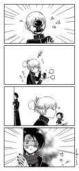 Rule 34 | 10s, 1girl, 2boys, 4koma, ^^^, ^ ^, anger vein, bad id, bad pixiv id, black hair, blush, braid, chibi, closed eyes, closed mouth, coat, comic, dual persona, female saniwa (touken ranbu), greyscale, hair ornament, heart, hetero, in palm, in the face, jacket, jealous, kashuu kiyomitsu, kiss, kissing cheek, laughing, long hair, long sleeves, looking at another, mini person, miniboy, mole, mole under mouth, monochrome, multiple boys, nail polish, peeking out, pom pom (clothes), ponytail, profile, saniwa (touken ranbu), scarf, shaded face, silent comic, speech bubble, spread fingers, squiggle, standing, swept bangs, talking, touken ranbu, track jacket, twitter username, uini, white background