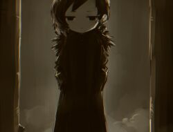Rule 34 | 1girl, binah (project moon), black coat, black dress, black eyes, black hair, closed mouth, coat, colored skin, commentary request, dress, earrings, expressionless, hands in pockets, jewelry, lobotomy corporation, long sleeves, looking at viewer, mole, mole under eye, no nose, notsu (mxtsxno), open clothes, open coat, project moon, short hair, solo, white skin
