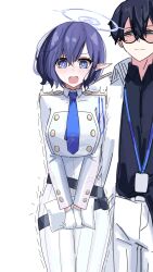 Rule 34 | 1boy, 1girl, aoi (blue archive), belt, black hair, black shirt, blue archive, blue eyes, blue hair, blue necktie, blush, breasts, closed mouth, collared shirt, cropped jacket, earclip, glasses, gloves, hair between eyes, halo, highres, holding, holding paper, jacket, large breasts, long skirt, long sleeves, mmmmrotio, mole, mole under eye, necktie, open clothes, open jacket, open mouth, pants, paper, pointy ears, sensei (blue archive), shirt, short hair, skirt, white background, white gloves, white jacket, white pants, white skirt