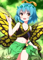 1girl :d antenna_hair bikini black_bikini black_wings blue_hair blush breasts bug butterfly cleavage cowboy_shot eternity_larva green_sarong hair_ornament happy highres insect leaf_hair_ornament medium_breasts midriff navel open_mouth orange_eyes ruu_(tksymkw) sarong sarong_hold short_hair smile solo swimsuit touhou wings yellow_wings