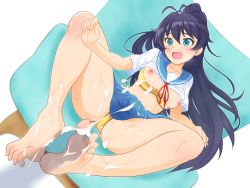 Rule 34 | 1girl, artist request, barefoot, black hair, blue eyes, blush, bra, breasts, cum, cum on body, cum on feet, cum on lower body, fang, feet, footjob, from above, ganaha hibiki, highres, idolmaster, idolmaster (classic), invisible penis, long hair, nipples, open mouth, panties, penis, penis silhouette, sitting, skirt, soles, solo focus, toes, underwear, yellow panties
