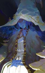 Rule 34 | 1girl, blue eyes, blue hair, cloak, closed mouth, commentary, dress, elden ring, extra arms, extra faces, finger to mouth, fingernails, frozensoba, fur cloak, hat, highres, jewelry, looking at viewer, nail polish, own hands together, ranni the witch, ring, shushing, sitting, smile, solo, symbol-only commentary, wedding band, white dress, white hat, white nails