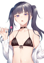 Rule 34 | 1girl, alexmaster, bare shoulders, bikini, black bikini, black choker, black hair, breasts, candy, choker, collarbone, fang, food, front-tie bikini top, front-tie top, halterneck, highres, holding, lollipop, long hair, long sleeves, looking at viewer, navel, off shoulder, open clothes, open mouth, open shirt, original, purple eyes, shirt, sidelocks, simple background, small breasts, solo, stomach, string bikini, swimsuit, twintails, upper body, white background, white shirt