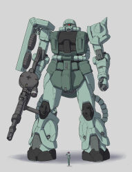 Rule 34 | 1other, absurdres, ambiguous gender, arm up, arms at sides, bodysuit, clenched hand, commentary request, drum magazine, full body, gloves, green bodysuit, grey background, gun, gundam, helmet, highres, holding, holding gun, holding weapon, magazine (weapon), mecha, mobile suit, mobile suit gundam, nori (arara105), one-eyed, pilot helmet, pilot suit, red eyes, robot, salute, science fiction, shadow, shoulder spikes, simple background, size difference, space helmet, spacesuit, spikes, standing, uniform, weapon, white footwear, white gloves, zaku, zeon