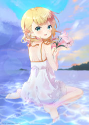 Rule 34 | 1girl, :d, backless dress, backless outfit, bare arms, bare shoulders, barefoot, blonde hair, blue sky, cloud, cloudy sky, commentary request, dated, day, dress, flower, gochuumon wa usagi desu ka?, green eyes, hair flower, hair ornament, hair ribbon, hands up, holding, holding flower, kirima syaro, long hair, looking at viewer, looking back, neki (wakiko), open mouth, orange flower, outdoors, ribbon, shallow water, sitting, sky, sleeveless, sleeveless dress, smile, solo, twitter username, wariza, water, white dress, white flower, white ribbon