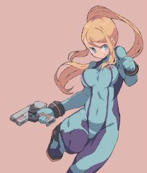 Rule 34 | 1girl, blonde hair, blue bodysuit, blue eyes, bodysuit, bracelet, breasts, clenched hand, covered navel, feet out of frame, gun, high ponytail, impossible bodysuit, impossible clothes, jewelry, leg up, long hair, medium breasts, metroid, nintendo, no nose, pink background, pink hair, ponytail, samus aran, shimazaki1152, simple background, skin tight, solo, weapon, zero suit