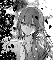 Rule 34 | 1boy, commentary request, dagger, fate/grand order, fate (series), flower, greyscale, hair between eyes, holding, holding knife, holding weapon, japanese clothes, knife, long hair, male focus, monochrome, oda nobukatsu (fate), petals, rioka (southern blue sky), rose petals, short sword, solo, sword, tantou, upper body, weapon