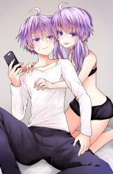 Rule 34 | 1boy, 1girl, ahoge, bare arms, bare legs, bare shoulders, black thighhighs, blush, brother and sister, cellphone, character request, collarbone, commentary request, grey background, hair between eyes, highres, holding, holding phone, hug, hug from behind, kakan (amka), long hair, looking at viewer, original, pants, phone, purple eyes, purple hair, shirt, short hair with long locks, short shorts, shorts, siblings, sidelocks, simple background, smartphone, smile, sweatdrop, thighhighs, tongue, tongue out, vocaloid, white shirt, yuzuki yukari