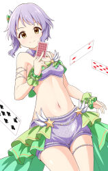 Rule 34 | 1girl, blush, breasts, card, closed mouth, crop top, cropped shirt, earrings, floating card, green scrunchie, hair ornament, holding, holding card, idolmaster, idolmaster million live!, idolmaster million live! theater days, jewelry, looking at viewer, makabe mizuki, midriff, navel, overskirt, purple hair, purple shirt, purple shorts, scrunchie, shirt, short hair, shorts, sidelocks, simple background, small breasts, solo, standing, star (symbol), star earrings, taka (suigendou), thigh strap, white background, yellow eyes
