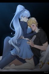 Rule 34 | 1boy, 1girl, barefoot, bed, blonde hair, blue eyes, blush, breasts, denim, dress, girl on top, hand on shoulder, hands on another&#039;s head, hands on another&#039;s hips, head on chest, hood, hoodie, hug, jaune arc, jeans, long hair, looking at viewer, lulu-chan92, pants, ponytail, rwby, sitting, smile, weiss schnee, white theme
