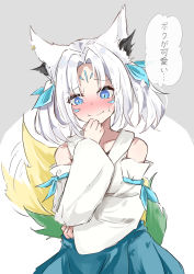 Rule 34 | 1girl, absurdres, animal ear fluff, animal ears, blue bow, blue eyes, blush, bow, commentary request, detached sleeves, fox ears, fox girl, hair between eyes, hair bow, highres, hololive, japanese clothes, kimono, kimono skirt, looking at viewer, mikazuki1613, personification, simple background, smile, solo, sukonbu (shirakami fubuki), sweat, translation request, two side up, virtual youtuber, white background, white hair, white kimono