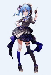 Rule 34 | akabino, belt, beret, black gloves, blue eyes, blue hair, dress, full body, gloves, grey hat, hair between eyes, hair ornament, hat, highres, hololive, hoshimachi suisei, hoshimachi suisei (1st costume), necktie, pointing, pointing up, side ponytail, simple background, standing, virtual youtuber, white background