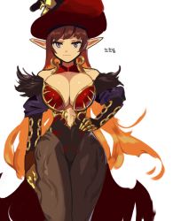 Rule 34 | 1girl, bare shoulders, breasts, detached collar, dungeon and fighter, firstw1, gradient hair, hand on own hip, hat, large breasts, long sleeves, looking at viewer, mature female, multicolored hair, pointy ears, simple background, solo, thick thighs, thighhighs, thighs, transcendent nornil, white background, witch, witch hat