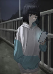 Rule 34 | 1girl, 38 (sanjuuhachi), absurdres, aqua hoodie, black hair, blue eyes, blue nails, blunt bangs, bob cut, cellphone, closed mouth, commentary, concrete, drawstring, expressionless, glowing, hair strand, hand in pocket, highres, holding, holding phone, hood, hood down, hoodie, lamppost, long shirt, long sleeves, looking at phone, nail polish, night, original, outdoors, phone, railing, shaded face, short hair, smartphone, solo, standing, two-sided fabric, two-tone hoodie, walking, white hoodie