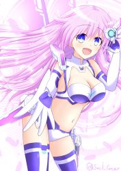 Rule 34 | absurdres, bare shoulders, blue eyes, bodysuit, boots, breasts, cleavage, gloves, hair ornament, hairclip, happy, highres, long hair, medium breasts, midriff, navel, nepgear, neptune (series), open mouth, pink hair, purple sister, stomach, swirl gear, thighs, very long hair