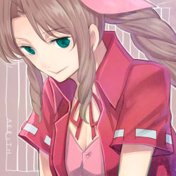 Rule 34 | 1girl, aerith gainsborough, amatari sukuzakki, braid, breasts, brown hair, buttons, cleavage, dress, final fantasy, final fantasy vii, green eyes, jacket, jewelry, necklace, pink dress, red jacket, ribbon, simple background, smile, solo, square enix, wavy hair