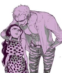 Rule 34 | 1boy, 1girl, 4444 (tetsuya), abs, breasts, closed mouth, commentary request, donquixote doflamingo, dress, earrings, grabbing another&#039;s chin, hand in pocket, hand on another&#039;s chin, height difference, hetero, jewelry, large breasts, lips, long hair, long sleeves, looking at another, looking up, muscular, muscular male, one piece, pectorals, polka dot, polka dot dress, shirt, short hair, sleeveless, sleeveless dress, smirk, sunglasses, viola (one piece), white background