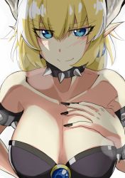 Rule 34 | 1girl, absurdres, armlet, bad id, bad twitter id, black dress, blonde hair, bowsette, bracelet, breasts, brooch, cleavage, closed mouth, collar, collarbone, commentary, dress, earrings, fingernails, hachikirra, hand on own chest, highres, horns, jewelry, large breasts, long hair, looking at viewer, mario (series), new super mario bros. u deluxe, nintendo, pointy ears, romaji commentary, sharp fingernails, simple background, smile, solo, spiked armlet, spiked bracelet, spiked collar, spikes, strapless, strapless dress, upper body, white background