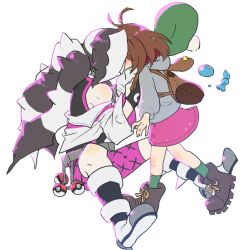 Rule 34 | 1boy, 1girl, age difference, backpack, bad id, bad twitter id, bag, belt, black hair, blush, bob cut, boots, brown footwear, brown hair, candy, cardigan, choker, commentary request, creatures (company), cropped jacket, dress, food, game freak, gloria (pokemon), gloves, gold tuna m, green headwear, green legwear, grey cardigan, gym leader, hat, hetero, hooded cardigan, implied kiss, jacket, long hair, long sleeves, multicolored hair, nintendo, piers (pokemon), pink dress, poke ball, poke ball (basic), pokemon, pokemon swsh, ponytail, short hair, simple background, sitting, socks, spiked boots, tam o&#039; shanter, tank top, two-tone hair, white background, white hair