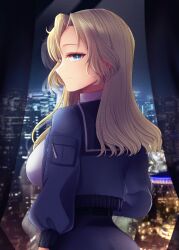 Rule 34 | 1girl, back, black skirt, blonde hair, blue eyes, blush, breasts, city, curtains, highres, hornet (kancolle), indoors, jacket, kantai collection, large breasts, long hair, looking at viewer, nagi kantai114, necktie, night, pencil skirt, shirt, skirt, solo, upper body, white shirt, window