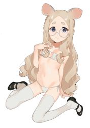 Rule 34 | 1girl, 2l (2lsize), :s, absurdres, animal ears, bare shoulders, bikini, black footwear, blue eyes, blush, bra, closed mouth, eyepatch bikini, flat chest, forehead, full body, glasses, highres, light brown hair, long hair, looking at viewer, mary janes, micro bikini, mouse ears, navel, original, panties, petite, round eyewear, shoes, side-tie bikini bottom, sidelocks, simple background, sitting, skinny, smile, solo, split mouth, swimsuit, thick eyebrows, thighhighs, underwear, wariza, wavy hair, white background, white bikini, white thighhighs