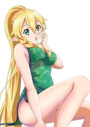Rule 34 | 1girl, absurdres, blonde hair, breasts, china dress, chinese clothes, dress, eating, food, green dress, green eyes, hair between eyes, high ponytail, highres, holding, holding food, ken-ji, leafa, long hair, looking at viewer, medium breasts, open mouth, pointy ears, short dress, sideboob, simple background, sitting, sleeveless, sleeveless dress, solo, sword art online, very long hair, white background