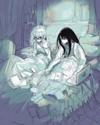 Rule 34 | 2girls, bedroom, book, commentary request, computer, glasses, highres, indoors, inoue takina, koyomania, laptop, limited palette, long hair, long sleeves, lycoris recoil, medium hair, multiple girls, nishikigi chisato, off shoulder, on bed, open book, parted lips, pointing, short twintails, twintails, under covers