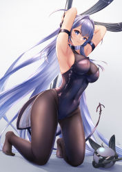 Rule 34 | 1girl, anchor ornament, animal ears, arm strap, armpits, arms up, artist name, azur lane, black leotard, black pantyhose, blush, bodystocking, breasts, cleavage, closed mouth, covered navel, creature, fake animal ears, full body, hair intakes, highres, kneeling, large breasts, leotard, long hair, looking at viewer, new jersey (azur lane), new jersey (exhilarating steps!) (azur lane), no shoes, official alternate costume, pantyhose, playboy bunny, pole, purple eyes, purple hair, rabbit ears, sebu illust, see-through, see-through cleavage, simple background, smile, solo, stripper pole, very long hair, white background
