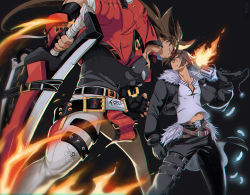 Rule 34 | 2boys, battle, belt, blue eyes, brown hair, crossover, farronhart, fighting, final fantasy, final fantasy viii, fingerless gloves, fireseal, gloves, guilty gear, guilty gear strive, gunblade, headband, highres, holding, holding sword, holding weapon, jacket, jewelry, long hair, midriff peek, multiple boys, muscular, muscular male, necklace, outrage mk ii, over shoulder, pectorals, ponytail, scar, short hair, sleeveless duster, sol badguy, spiked hair, squall leonhart, sword, sword over shoulder, thighs, weapon, weapon over shoulder, yellow eyes