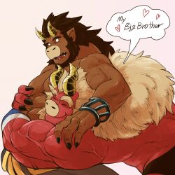 Rule 34 | 2boys, abs, bara, beard, biceps, black nails, blank eyes, body fur, brothers, clothes around waist, colored skin, curled horns, dark-skinned male, dark skin, demon boy, demon horns, english text, facial hair, fewer digits, from side, furry, furry male, gardie (otsukimi), happy, highres, horns, hug, hug from behind, huge eyebrows, infel (otsukimi), jewelry, large hands, large pectorals, lion hair, long hair, male focus, mature male, multiple boys, muscular, muscular male, necklace, nipples, original, otsukimi, pectorals, red skin, siblings, surprise hug, thick eyebrows, topless male