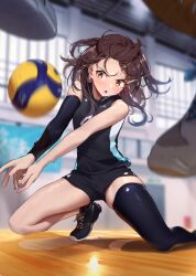 Rule 34 | 1girl, absurdres, ball, black footwear, black shorts, blue sleeves, blue thighhighs, blurry, blurry background, blush, breasts, brown hair, commentary request, detached sleeves, glowing, glowing eyes, highres, medium hair, original, shoes, shorts, single detached sleeve, single thighhigh, small breasts, sneakers, solo focus, sportswear, sweat, thighhighs, thighs, vegetablenabe, volleyball, volleyball (object), volleyball uniform, yellow eyes