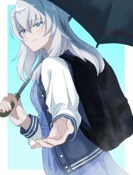 Rule 34 | 10s, 1girl, alpachiiino, aqua background, backpack, bag, black umbrella, blue dress, blue eyes, blue jacket, blush, casual, closed mouth, commentary, dress, from side, girls und panzer, holding, holding umbrella, itsumi erika, jacket, letterman jacket, light smile, long hair, looking at viewer, looking back, open clothes, open jacket, outside border, reaching, reaching towards viewer, silver hair, solo, standing, umbrella, upper body
