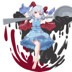 Rule 34 | 1girl, absurdres, bare shoulders, barefoot, blue dress, blue ribbon, blush, clenched teeth, detached sleeves, dress, full body, highres, holding, holding spoon, horn ornament, horn ribbon, horns, oil, rangque (user vjjs4748), red eyes, red horns, red sleeves, ribbon, sharp teeth, sheep horns, short hair, simple background, solo, spoon, teeth, touhou, toutetsu yuuma, white background, white hair, wide sleeves