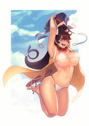 Rule 34 | 1girl, absurdres, arms up, bead necklace, beads, bikini, breasts, cleavage, cloud, cloudy sky, collarbone, commentary request, covered erect nipples, day, earrings, fate/grand order, fate (series), hair between eyes, hat, headpiece, highres, hoop earrings, jewelry, jumping, large breasts, legs up, long hair, navel, necklace, open mouth, outdoors, purple eyes, revision, sandals, sky, sleeveless, smile, solo, stomach, sungwon, swimsuit, very long hair, white bikini, xuangzang sanzang (fate)