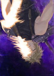Rule 34 | 1boy, armor, belt, black sweater, blonde hair, buster sword, closed eyes, cloud strife, commentary, english commentary, final fantasy, final fantasy vii, highres, long hair, male focus, muscular, muscular male, pauldrons, purple background, row056, shoulder armor, single pauldron, sleeveless, sleeveless sweater, sleeveless turtleneck, solo, spiked hair, suspenders, sweater, sword, turtleneck, turtleneck sweater, upper body, upside-down, weapon, weapon on back, zack fair
