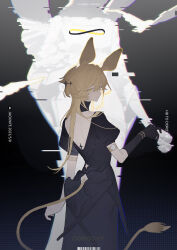 Rule 34 | 1girl, absurdres, animal ears, arknights, armband, barcode, bird, black choker, black dress, black gloves, blonde hair, choker, clothing cutout, cropped legs, dorothy (arknights), double-parted bangs, dress, elbow gloves, gloves, hair between eyes, halo, highres, hologram, jacknife, long hair, looking at viewer, looking back, low wings, multiple wings, sidelocks, single glove, tail, tail through clothes, wings, yellow eyes