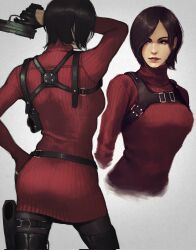 Rule 34 | 1girl, ada wong, artist name, belt, black footwear, black gloves, black hair, black thighhighs, boots, buckle, commentary, english commentary, ericson blum, from behind, gloves, gun, half gloves, hand on own hip, highres, holding, holding gun, holding weapon, holster, long sleeves, pantyhose, red sweater, resident evil, resident evil 4, resident evil 4 (remake), short hair, skindentation, solo, sweater, swiping, thigh boots, thigh holster, thighhighs, trigger discipline, turtleneck, turtleneck sweater, weapon