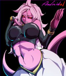 Rule 34 | 1girl, android 21, black nails, black sclera, bracelet, breasts, character name, colored sclera, colored skin, detached sleeves, dragon ball, dragon ball fighterz, fighting stance, harem pants, jewelry, large breasts, long hair, looking at viewer, majin android 21, nail polish, neck ring, pants, pink hair, pink skin, pointy ears, pungter, red eyes, solo, stomach, strapless, tail, tube top