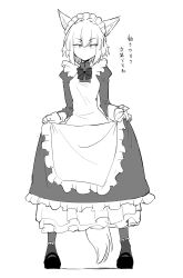Rule 34 | 1girl, animal ears, ankle cuffs, apron, bow, bowtie, clothes lift, expressionless, frilled apron, frilled headwear, frilled skirt, frills, full body, greyscale, highres, long skirt, looking at viewer, maid, maid apron, maid headdress, medium hair, monochrome, original, sakifox, sidelocks, simple background, sketch, skirt, skirt lift, standing, tail, translation request, white apron, white background, wolf ears, wolf girl, wolf maid (sakifox), wolf tail