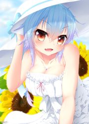 Rule 34 | 1girl, absurdres, bare shoulders, blue hair, bow, breasts, cleavage, dress, e-note, fang, flower, hair bow, hand on headwear, hat, highres, jewelry, large breasts, looking at viewer, mole, mole on breast, necklace, open mouth, original, red eyes, short hair, solo, strapless, strapless dress, sun hat, sundress, sunflower, white dress