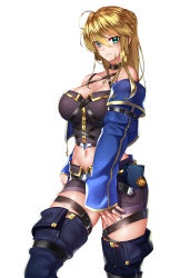 Rule 34 | 1girl, absurdres, ahoge, artoria pendragon (fate), artoria pendragon (lancer) (fate), bare shoulders, belt, blue jacket, blue legwear, blush, braid, breasts, choker, cleavage, closed mouth, collarbone, crop top, earrings, fate/grand order, fate (series), french braid, green eyes, grey shorts, hair between eyes, highres, jacket, jewelry, kai (pixiv12466647), large breasts, long hair, looking at viewer, midriff, navel, open clothes, open jacket, shorts, sidelocks, simple background, smile, solo, thigh strap, thighs, white background