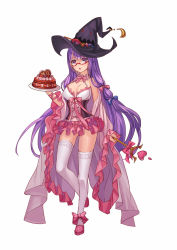 Rule 34 | 1girl, alternate costume, bad id, bad pixiv id, bespectacled, breasts, cake, candy, choker, cleavage, corset, food, glasses, hat, large breasts, long hair, looking at viewer, mio-muo1206, patchouli knowledge, purple eyes, purple hair, red-framed eyewear, semi-rimless eyewear, simple background, skirt, solo, thighhighs, touhou, under-rim eyewear, wand, white background, white thighhighs, witch hat, zettai ryouiki