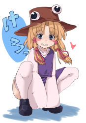 Rule 34 | 1girl, bad id, bad pixiv id, blonde hair, blue eyes, blush stickers, female focus, frog, hair ribbon, hat, heart, kariinu, looking at viewer, moriya suwako, ribbon, short hair, sidelocks, skirt, sleeves past wrists, solo, speech bubble, squatting, text focus, thighhighs, touhou, translated, white background, white thighhighs, wide sleeves