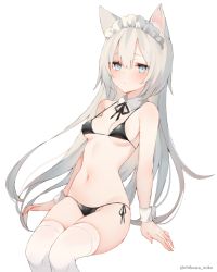Rule 34 | 1girl, animal ears, bare arms, bare shoulders, bikini, black bikini, blue eyes, breasts, cat ears, closed mouth, collarbone, covered erect nipples, detached collar, groin, headdress, highres, invisible chair, long hair, looking at viewer, micro bikini, narusegawa riko, navel, original, side-tie bikini bottom, silver hair, simple background, sitting, small breasts, solo, stomach, strap gap, swimsuit, thighhighs, twitter username, very long hair, white background, white thighhighs, wrist cuffs
